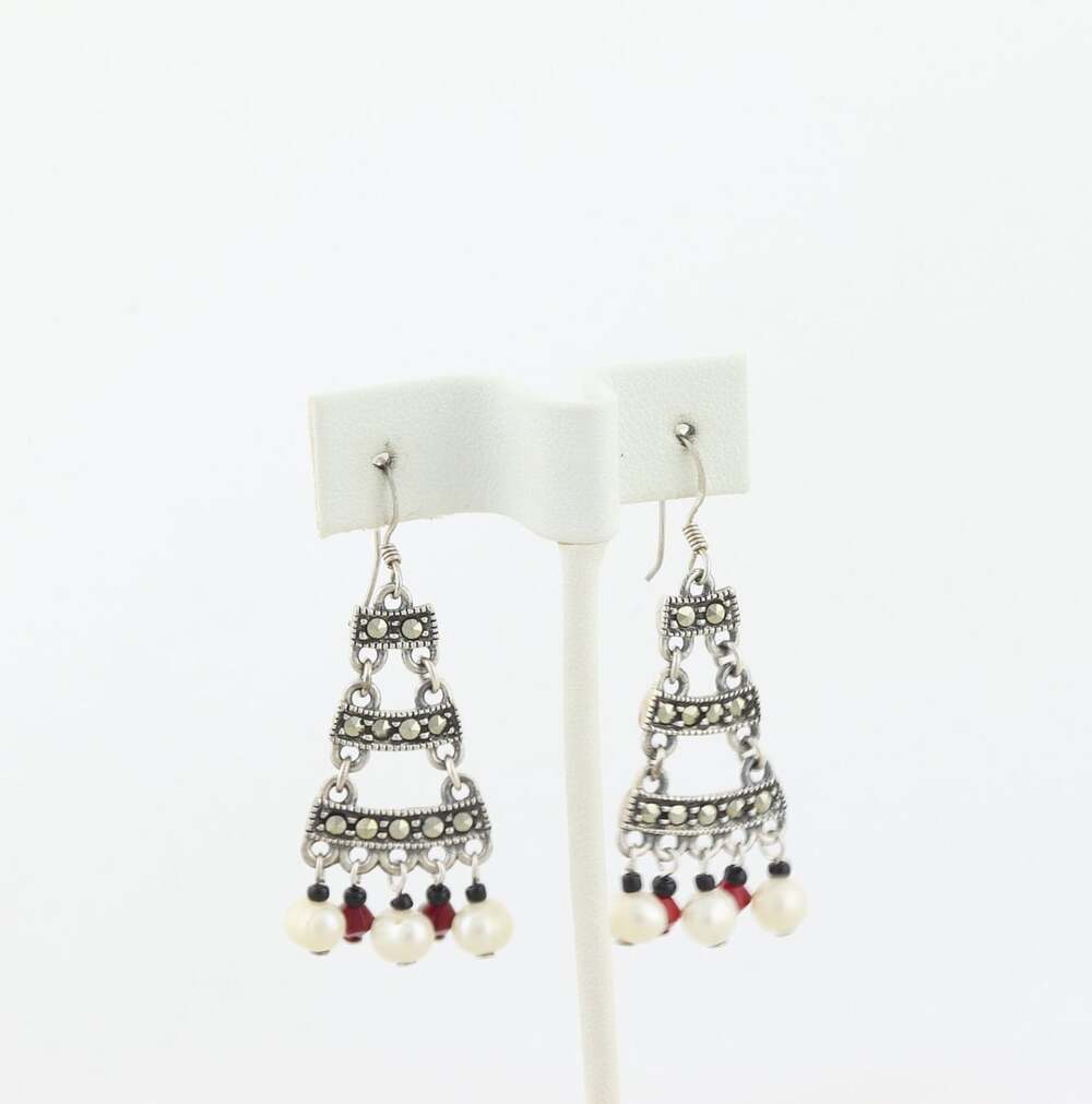 Sterling Silver Marcasite, Pearl, Rhinestone, Bead Earrings Dangle Drop 2" x 3/4 - Picture 4 of 7